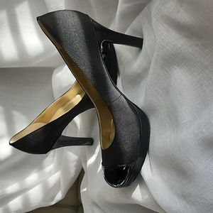 Tahari Color Block Black Fabric/Patent Leather "Laura" Platform Heels, 7.5M, $40